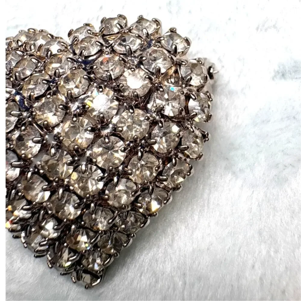 Mid‑Century Rhinestone Heart Brooch, Prong‑Set Stones, 1950s–60s